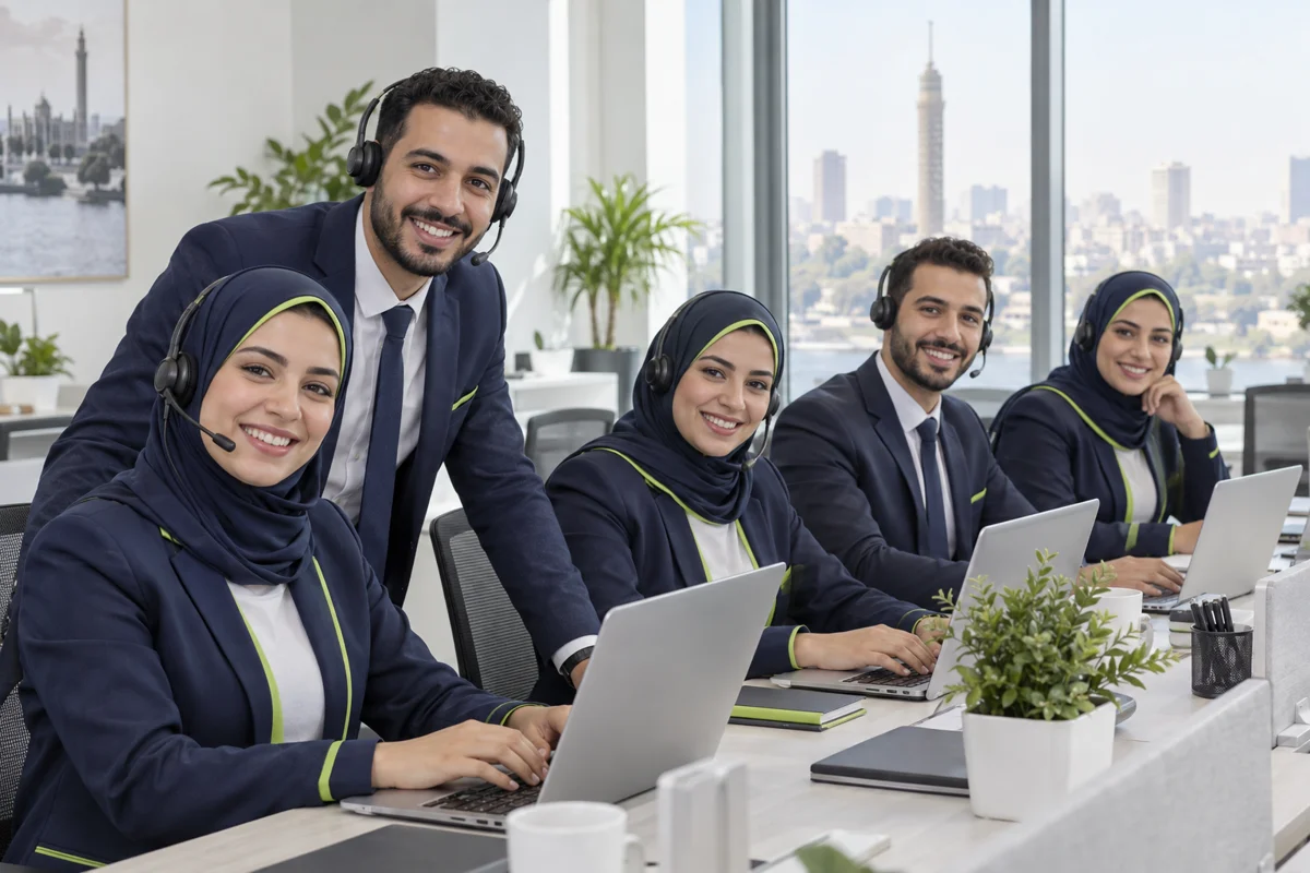 فريق خدمة عملاء مبتسمون يرتدون سماعات الرأس لتلقي استفسارات وطلبات صيانة الأجهزة