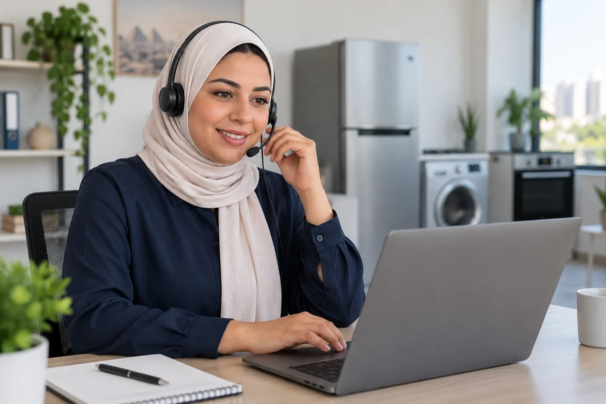 موظفة خدمة عملاء ترتدي سماعة رأس لتلقي استفسارات العملاء وطلبات صيانة الأجهزة